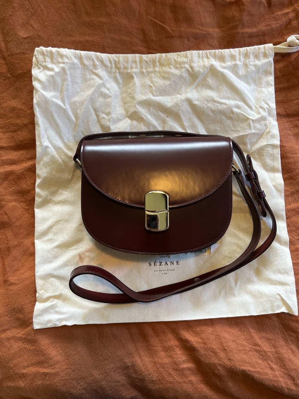 Sezane Claude Bordeaux Glacé NWT Leather Crossbody with Gold-Tone Clasp
